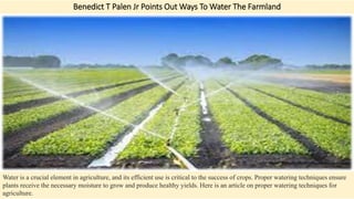Benedict T Palen Jr Points Out Ways To Water The Farmland
Water is a crucial element in agriculture, and its efficient use is critical to the success of crops. Proper watering techniques ensure
plants receive the necessary moisture to grow and produce healthy yields. Here is an article on proper watering techniques for
agriculture.
 