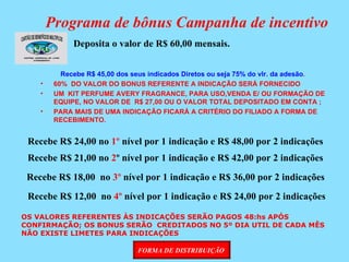 Programa de bônus Campanha de incentivo FORMA DE DISTRIBUIÇÃO  Deposita o valor de R$ 60,00 mensais. Recebe R$ 24,00 no  1º  nível por 1 indicação e R$ 48,00 por 2 indicações Recebe R$ 18,00  no  3º  nível por 1 indicação e R$ 36,00 por 2 indicações Recebe R$ 45,00 dos seus indicados Diretos ou seja 75% do vlr. da adesão . 60%  DO VALOR DO BONUS REFERENTE A INDICAÇÃO SERÁ FORNECIDO UM  KIT PERFUME AVERY FRAGRANCE, PARA USO,VENDA E/ OU FORMAÇÃO DE EQUIPE, NO VALOR DE  R$ 27,00 OU O VALOR TOTAL DEPOSITADO EM CONTA ; PARA MAIS DE UMA INDICAÇÃO FICARÁ A CRITÉRIO DO FILIADO A FORMA DE RECEBIMENTO. Recebe R$ 21,00 no  2 º nível por 1 indicação e R$ 42,00 por 2 indicações Recebe R$ 12,00  no  4º  nível por 1 indicação e R$ 24,00 por 2 indicações OS VALORES REFERENTES ÀS INDICAÇÕES SERÃO PAGOS 48:hs APÓS CONFIRMAÇÃO; OS BONUS SERÃO  CREDITADOS NO 5º DIA UTIL DE CADA MÊS NÃO EXISTE LIMETES PARA INDICAÇÕES 