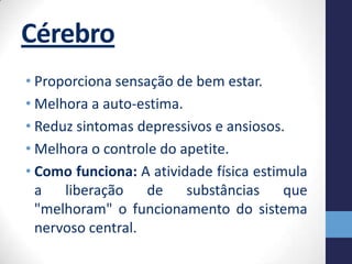 Cérebro
• Proporciona sensação de bem estar.
• Melhora a auto-estima.
• Reduz sintomas depressivos e ansiosos.
• Melhora o controle do apetite.
• Como funciona: A atividade física estimula
  a liberação      de substâncias        que
  "melhoram" o funcionamento do sistema
  nervoso central.
 