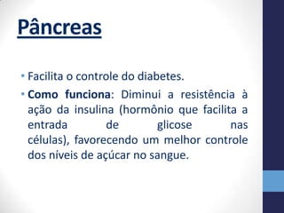 Pâncreas
• Facilita o controle do diabetes.
• Como funciona: Diminui a resistência à
  ação da insulina (hormônio que facilita a
  entrada         de         glicose    nas
  células), favorecendo um melhor controle
  dos níveis de açúcar no sangue.
 