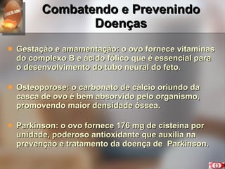 Combatendo e Prevenindo Doenças Gestação e amamentação: o ovo fornece vitaminas do complexo B e ácido fólico que é essencial para o desenvolvimento do tubo neural do feto. Osteoporose: o carbonato de cálcio oriundo da casca de ovo é bem absorvido pelo organismo, promovendo maior densidade óssea. Parkinson: o ovo fornece 176 mg de cisteína por unidade, poderoso antioxidante que auxilia na prevenção e tratamento da doença de  Parkinson. 