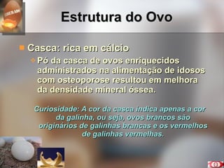 Estrutura do Ovo Casca: rica em cálcio Pó da casca de ovos enriquecidos administrados na alimentação de idosos com osteoporose resultou em melhora da densidade mineral óssea. Curiosidade: A cor da casca indica apenas a cor da galinha, ou seja, ovos brancos são originários de galinhas brancas e os vermelhos de galinhas vermelhas. 