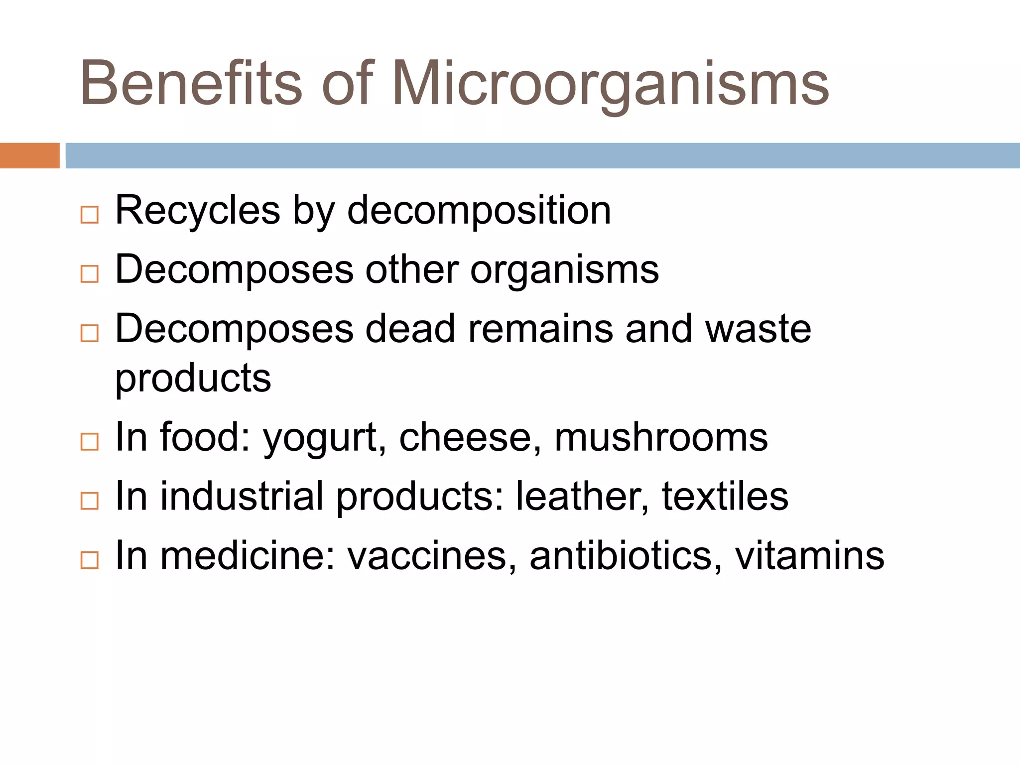 Benefits of Microorganisms
Recycles by decomposition
Decomposes other organisms
Decomposes dead remains and waste
products
In food: yogurt, cheese, mushrooms
In industrial products: leather, textiles
In medicine: vaccines, antibiotics, vitamins