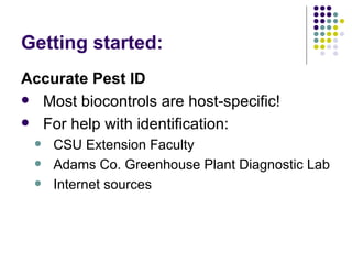 Getting started: <ul><li>Accurate Pest ID </li></ul><ul><li>Most biocontrols are host-specific! </li></ul><ul><li>For help...