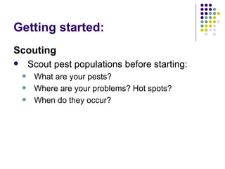 <ul><li>Scouting </li></ul><ul><li>Scout pest populations before starting: </li></ul><ul><ul><li>What are your pests? </li...