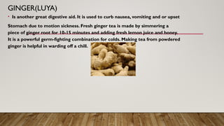 GINGER(LUYA)
• Is another great digestive aid. It is used to curb nausea, vomiting and or upset
Stomach due to motion sickness. Fresh ginger tea is made by simmering a
piece of ginger root for 10-15 minutes and adding fresh lemon juice and honey.
It is a powerful germ-fighting combination for colds. Making tea from powdered
ginger is helpful in warding off a chill.
 