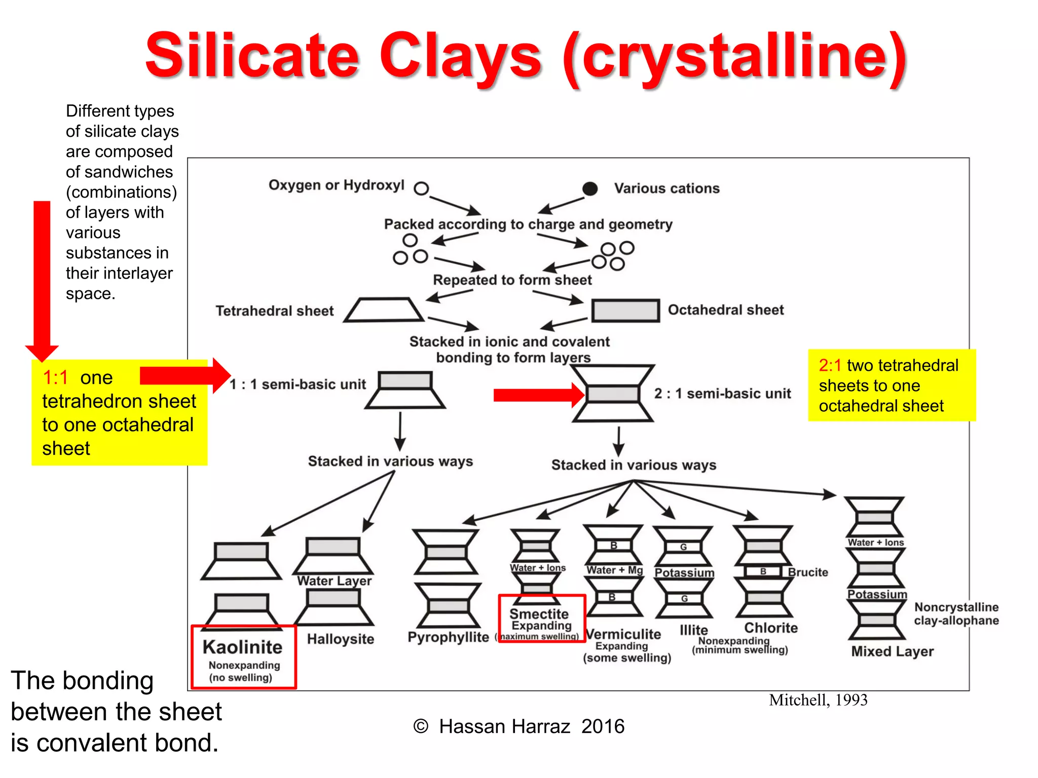 Silicate Clays (crystalline)
Mitchell, 1993
© Hassan Harraz 2016
1:1 one
tetrahedron sheet
to one octahedral
sheet
Different types
of silicate clays
are composed
of sandwiches
(combinations)
of layers with
various
substances in
their interlayer
space.
2:1 two tetrahedral
sheets to one
octahedral sheet
The bonding
between the sheet
is convalent bond.
 