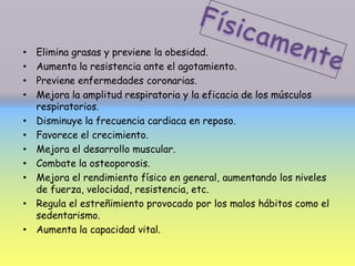 • Elimina grasas y previene la obesidad.
• Aumenta la resistencia ante el agotamiento.
• Previene enfermedades coronarias.
• Mejora la amplitud respiratoria y la eficacia de los músculos
respiratorios.
• Disminuye la frecuencia cardiaca en reposo.
• Favorece el crecimiento.
• Mejora el desarrollo muscular.
• Combate la osteoporosis.
• Mejora el rendimiento físico en general, aumentando los niveles
de fuerza, velocidad, resistencia, etc.
• Regula el estreñimiento provocado por los malos hábitos como el
sedentarismo.
• Aumenta la capacidad vital.
 