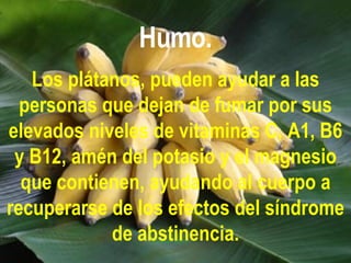 Humo. Los plátanos, pueden ayudar a las personas que dejan de fumar por sus elevados niveles de vitaminas C, A1, B6 y B12, amén del potasio y el magnesio que contienen, ayudando al cuerpo a recuperarse de los efectos del síndrome de abstinencia. 