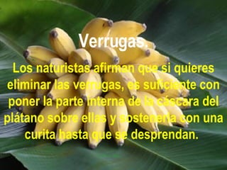 Verrugas. Los naturistas afirman que si quieres eliminar las verrugas, es suficiente con poner la parte interna de la cáscara del plátano sobre ellas y sostenerla con una curita hasta que se desprendan.   