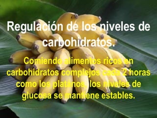 Regulación de los niveles de carbohidratos. Comiendo alimentos ricos en carbohidratos complejos cada 2 horas como los platános, los niveles de glucosa se mantiene estables. 