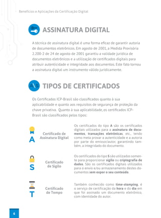 Benefícios e Aplicações da Certificação Digital

ASSINATURA DIGITAL
A técnica de assinatura digital é uma forma eficaz de garantir autoria
de documentos eletrônicos. Em agosto de 2001, a Medida Provisória
2.200-2 de 24 de agosto de 2001 garantiu a validade jurídica de
documentos eletrônicos e a utilização de certificados digitais para
atribuir autenticidade e integridade aos documentos. Este fato tornou
a assinatura digital um instrumento válido juridicamente.

TIPOS DE CERTIFICADOS
Os Certificados ICP-Brasil são classificados quanto à sua
aplicabilidade e quanto aos requisitos de segurança de proteção da
chave privativa. Quanto à sua aplicabilidade, os certificados ICPBrasil são classificados pelos tipos:

Certificado de
Assinatura Digital

Certificado
de Sigilo

Os certificados do tipo S são utilizados somente para proporcionar sigilo ou criptografia de
dados. São os certificados digitais utilizados
para o envio e/ou armazenamento destes documentos sem expor o seu conteúdo.

Certificado
de Tempo

6

Os certificados do tipo A são os certificados
digitais utilizados para a assinatura de documentos, transações eletrônicas, etc., tendo
como meta provar a autenticidade e a autoria
por parte do emissor/autor, garantindo também, a integridado do documento.

Também conhecido como time-stamping, é
o serviço de certificação da hora e do dia em
que foi assinado um documento eletrônico,
com identidade do autor.

 