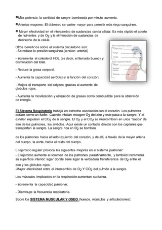 Más potencia: la cantidad de sangre bombeada por minuto aumenta.
Arterias mayores: El diámetro se vuelve mayor para permitir más riego sanguíneo.
Mayor efectividad en el intercambio de sustancias con la célula: Es más rápido el aporte
de nutrientes y de O2 y la eliminación de sustancias de
deshecho de la célula.
Otros beneficios sobre el sistema circulatorio son:
- Se reduce la presión sanguínea.(tension arterial)
- Incrementa el colesterol HDL (es decir, el llamado bueno) y
disminución del total.
- Reduce la grasa corporal.
- Aumenta la capacidad aeróbica y la función del corazón.
- Mejora el transporte del oxígeno gracias al aumento de
glóbulos rojos.
- Aumenta la movilización y utilización de grasas como combustible para la obtención
de energía.
El Sistema Respiratorio trabaja en estrecha asociación con el corazón. Los pulmones
actúan como un fuelle: Cuando inhalan recogen O2 del aire y este pasa a la sangre. Y al
exhalar expulsan el CO2 de la sangre. El O2 y el CO2 se intercambian en unos “sacos” de
aire de los pulmones, los alvéolos. Aquí existe un contacto directo con los capilares que
transportan la sangre. La sangre rica en O2 se bombea
de los pulmones hacia el lado izquierdo del corazón, y de allí, a través de la mayor arteria
del cuerpo, la aorta, hacia el resto del cuerpo.
El ejercicio regular provoca las siguientes mejoras en el sistema pulmonar:
- El ejercicio aumenta el volumen de los pulmones paulatinamente, y también incrementa
su superficie interior; lugar donde tiene lugar la verdadera transferencia de O2 entre el
aire y los glóbulos rojos.
-Mayor efectividad entre el intercambio de O2 Y CO2 del pulmón a la sangre.
Los músculos implicados en la respiración aumentan su fuerza.
- Incrementa la capacidad pulmonar.
- Disminuye la frecuencia respiratoria.
Sobre los SISTEMA MUSCULAR Y OSEO (huesos, músculos y articulaciones):
 