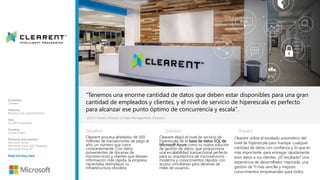 Situation: Solution: Impact:
"Tenemos una enorme cantidad de datos que deben estar disponibles para una gran
cantidad de empleados y clientes, y el nivel de servicio de hiperescala es perfecto
para alcanzar ese punto óptimo de concurrencia y escala".
Clearent procesa alrededor de 500
millones de transacciones de pago al
año, un número que crece
constantemente. Con datos
provenientes de docenas de
microservicios y clientes que desean
información más rápida, la empresa
necesitaba reemplazar su
infraestructura obsoleta.
-Zach Fransen, Director of Data Management, Clearent
Clearent eligió el nivel de servicio de
hiperescala de la base de datos SQL de
Microsoft Azure como su nueva solución
de gestión de datos, que proporciona
una escalabilidad transaccional perfecta
para su arquitectura de microservicios
moderna y conocimientos rápidos con
acceso simultáneo para decenas de
miles de usuarios.
Clearent utiliza el escalado automático del
nivel de hiperescala para manejar cualquier
cantidad de datos con confianza y, lo que es
más importante, para entregar rápidamente
esos datos a sus clientes. ¿El resultado? Una
experiencia de desarrollador mejorada, una
gestión de TI más sencilla y mejores
conocimientos empresariales para todos.
Customer:
Clearent
Industry:
Banking and Capital Markets
Size:
50–999 employees
Country:
United States
Products and services:
Microsoft Azure
Microsoft Azure SQL Database
Microsoft Power BI
Read full story here
 