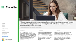 Situation: Solution: Impact:
"Estar en Azure nos pone en camino de ofrecer mejoras continuas a nuestras ofertas,
consolidar nuestra posición como líder digital en la industria y brindar a nuestros
clientes el mejor servicio posible".
—Shamus Weiland, Global Chief Information Officer, Manulife
Manulife ahora tiene operaciones más
ágiles que hacen posible ofrecer
innovaciones continuas a los clientes de
una manera rentable. Incluso cuando se
interrumpen las operaciones diarias,
Manulife mantiene conectados a sus
empleados y clientes.
Customer:
Manulife
Industry:
Insurance
Size:
10,000+ employees
Country:
Canada
Products and services:
Microsoft Azure
Microsoft 365
Microsoft Teams
Read full story here
La firma global de servicios
financieros Manulife quiere ser un
líder digital centrado en el cliente y
comprende que la computación en
la nube ofrece ventajas únicas que
la hacen imprescindible para la
estrategia tecnológica de la
empresa.
Manulife eligió Microsoft Azure
como una de sus plataformas
en la nube, junto con soluciones
poderosas como Microsoft 365,
y ha comenzado a modernizar
sus aplicaciones y migrarlas a
Azure.
 