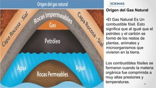 Los combustibles fósiles se
formaron cuando la materia
orgánica fue comprimida a
muy altas presiones y
temperaturas.
Origen del Gas Natural
•El Gas Natural Es Un
combustible fósil. Esto
significa que al igual que el
petróleo y el carbón se
formó de los restos de
plantas, animales y
microorganismos que
vivieron en la tierra.
 