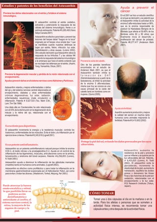 Estudios y patentes de los beneficios del Astaxanthin
                                                                                                                                         Ayuda a prevenir el
                                                                                                                                         cáncer
 Previene los daños relacionados con el estrés y fortalece el sistema
 inmunológico.                                                                                                                           En el 2001 se hizo un estudio científico
                                                                                                                                         en el que se demostró y se patentó que
                                                                                                                                         el Astaxanthin inhibe la actividad de la
                                     El astaxanthin controla el estrés oxidativo,
                                                                                                                                         enzima 5 alfa-reductasa hasta un 98%,
                                     activando y potenciando la respuesta de las
                                                                                                                                         que es la enzima responsable de
                                     células del sistema inmunológico, frente a un
                                                                                                                                         producir la Hiperplasia Benigna de la
                                     estímulo estresante. Patente # 6,265,450 (Hans
                                                                                                                                         Próstata (que afecta el 50-90% de los
                                     Selye Canada 2001)
                                                                                                                                         hombres entre 60 y 85 años) que
                                     Astaxanthin es efectivo para tratar y prevenir las                                                  finalmente inicia el desarrollo y
                                     lesiones del herpes labial “fuegos en la boca”                                                      proliferación del cáncer de próstata.
                                     originado por el herpes virus simple tipo 1 que                                                     Patente #6,277,417 (Anderson Mark
                                     se manifiesta cuando nuestras defensas se                                                           2001).
                                     bajan por estrés, fiebre, infección, luz solar,
                                     deshidratación y otras causas. (Lorenz 2002).
                                     Otro estudio demostró que Astaxanthin eleva la
                                     respuesta de los linfocitos T y las células NK
                                     elevando la respuesta del sistema inmunológico
                                     a la amenaza que hace el estrés evitando que         Previene la caída del cabello.
                                     se nos bajen las defensas por el estrés. (Asami,     Otro de los grandes beneficios
                                     Yang, Yamashita, Otoze, 2001)                        encontrados en el estudio de
                                                                                          Anderson Mark 2001, es que el
                                                                                          Astaxanthin también inhibe la
  Previene la degeneración macular y pérdida de la visión relacionada con el
                                                                                          formación de: DHT
  envejecimiento.
                                                                                          (Dehidrotestosterona) a partir de la
  Ayuda a prevenir daños en el sistema nervioso como Alzheimer y Parkinson.               testosterona, al inhibir la actividad
                                                                                          de la enzima 5 alfa-reductasa,
  Astaxanthin retarda y mejora enfermedades o daños                                       misma que hoy se conoce es una
  del ojo y del sistema nervioso central relacionados al                                  causa principal de la caída del
  envejecimiento, diabetes y otras enfermedades                                           cabello tanto en hombres como en
  crónicas degenerativas, luz solar, radiación,                                           mujeres. (Quiroz 2005).
  enfermedades isquémicas (mala circulación) e
  inflamación. Patente # 5,527,533 (Tso, Mark O.M.,
  Lam; Tim-Tak 1996)
  Una dieta alta en Carotenoides ha sido relacionada
                                                                                                                                  Ayuda a la fertilidad.
  con el 43% de la disminución en la degeneración de la
  mácula y la retina del ojo, relacionada con el                                                                                  Axanthin aumenta la producción y mejora
  envejecimiento.                                                                                                                 la calidad del semen en machos tanto
                                                                                                                                  humanos como animales mejorando la
                                                                                                                                  fertilidad. Patente # 6,410,602 (2002)

   Es excelente para deportistas.
   El astaxanthin incrementa la energía y la resistencia muscular, controla los
   trastornos y enfermedades de los músculos. Evita el dolor y la inflamación por el
   ejercicio leve o intenso. Patente # 6,245,818 (Lignell 2001)

                                                                                          Protege la piel del sol, evitando los daños provocados por los rayos
   Es un potente antiinflamatorio.                                                        ultravioleta.
   Astaxanthin es un potente antiinflamatorio natural porque inhibe la enzima
   COX-2, el óxido nitroso y la prostaglandina E-2. Ayuda en el control de la                                                                 Astaxanthin aumenta la
   inflamación de los ligamentos, músculos, articulaciones como en la artritis,                                                               resistencia de la piel y previene
   tenosinovitis y síndrome del túnel carpiano. Patente #6,258,855 (Lorenz,                                                                   que se inflame y se queme por la
   R.Todd 2001)                                                                                                                               luz ultravioleta del sol. Patente,
                                                                                                                                              # 6,433,025 (Lorenz, R. Todd
   Astaxanthin ayuda a disminuir la inflamación de las glándulas mamarias                                                                     2002). El astaxanthin evita la
   (mastitis) tanto en humanos como animales. (Lignell 2002).                                                                                 glycosilación, incrementa la
   Astaxanthin es efectivo como profiláctico y para tratar la inflamación en la                                                               elasticidad de la piel, aumenta la
   membrana gastrointestinal ocasionada por el Helicobacter Pylori, así como                                                                  hidratación, equilibra los ácidos
   para evitar y tratar las úlceras. (Wadstrom; Torkel, Alejung, Par 2001)                                                                    grasos y desvanece las líneas
                                                                                                                                              finas y las manchas de la piel por
                                                                                                                                              oxidación, relacionadas con el
                                                                                                                                              envejecimiento y la luz solar.
                                                                                                                                              FCG Research Institute (Tokyo,
 Puede atravezar la barrera                                                                                                                   Japan).
emato-encefalica y retinal,
 lo que posibilita llevar su
       poderosa acción                                                                               CÓMO TOMAR
      desinflamatoria y
 antioxidante al cerebro, el                                                                              Tomar una o dos cápsulas al día en la mañana o en la
sistema nervioso central, la                                                                              tarde. Para los atletas o personas que se someten a
  retina, la mayoria de los                                                                               actividad física intensa, se recomienda tomar una
   organos de cuerpo y la                                                                                 cápsula antes y otra después de la actividad física.
             piel.
 