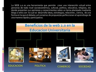 La WEB 2.0 es una herramienta que permite  crear una interacción virtual entre personas de todo nivel socioeconómico, cultural, político, educativo, religioso, etc donde presentan sus opiniones y conocimientos sobre un tema planteado mediante blogs o wikis con  lo cual se  desarrolla ideas, estrategias, relaciones , ciencia,  de una forma en la que el debate y el consenso de propuestas perfeccionan el aprendizaje de una manera rápida y participativa. Beneficios de la web 2.0 en la Educacion Universitaria EDUCACION POLITICA COMERCIO SOCIEDAD 