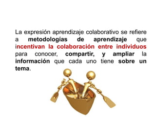 La expresión aprendizaje colaborativo se refiere
a metodologías de aprendizaje que
incentivan la colaboración entre individuos
para conocer, compartir, y ampliar la
información que cada uno tiene sobre un
tema.
 