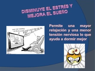 DISMINUYE EL ESTRÉS Y MEJORA EL SUEÑOPermite una mayor relajación y una menor tensión nerviosa lo que ayuda a dormir mejor