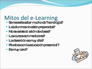 Mitos del e-Learning Se necesita saber mucho de Tecnología? Los alumnos no están preparados? No se asiste al salón de clases? Los cursos son mediocres? La deserción es muy alta? Rivaliza con la educación presencial? Es muy caro? 