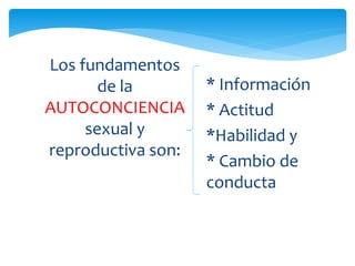 Los fundamentos
de la
AUTOCONCIENCIA
sexual y
reproductiva son:
* Información
* Actitud
*Habilidad y
* Cambio de
conducta

 
