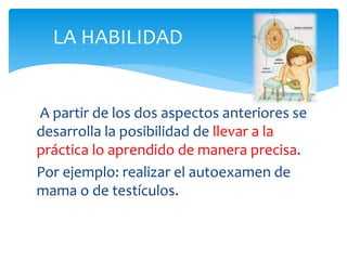 A partir de los dos aspectos anteriores se
desarrolla la posibilidad de llevar a la
práctica lo aprendido de manera precisa.
Por ejemplo: realizar el autoexamen de
mama o de testículos.
LA HABILIDAD
 