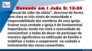 www.company.com
•“Manual do Líder de célula", descreve de forma
bem clara os três níveis de maturidade e
responsabilidade dos membros de uma igreja.
Ensinar essa verdade a igreja é de fundamental
importância; tendo em vista a necessidade de
conscientizar a todas do dever de participar de
maneira significativa na edificação da família e
mobilizar a todos a cooperarem no cuidado e
treinamento dos novos convertidos.
Baseado em I João 2: 12-24Baseado em I João 2: 12-24
 