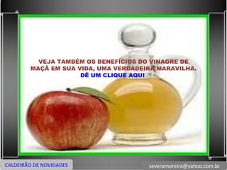 VEJA TAMBÉM OS BENEFÍCIOS DO VINAGRE DE MAÇÃ EM SUA VIDA, UMA VERDADEIRA MARAVILHA. DÊ UM CLIQUE AQUI  CALDEIRÃO DE NOVIDADES [email_address] 