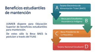 Tarjeta Electrónica de
Alimentación Ticket (BAES)
Beca para Estudiantes
Ascendencia Indígena
Beca Presidente de
La República
Tarjeta Nacional Estudiantil
Beneficios estudiantiles
de mantención
JUNAEB dispone para Educación
Superior de beneficios estudiantiles
para mantención.
De estos sólo la Beca BAES la
postulan a través del FUAS
 