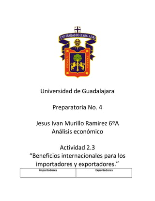 Universidad de Guadalajara
Preparatoria No. 4
Jesus Ivan Murillo Ramirez 6ºA
Análisis económico
Actividad 2.3
“Beneficios internacionales para los
importadores y exportadores.”
Importadores Exportadores
 