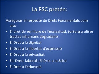La RSC pretén: Assegurar el respecte de Drets Fonamentals com ara:  El dret de ser lliure de l'esclavitud, tortura o altres tractes inhumans degradants El Dret a la dignitat El Dret a la llibertat d'expressió El Dret a la privacitat Els Drets laborals.El Dret a la Salut El Dret a l'educació 