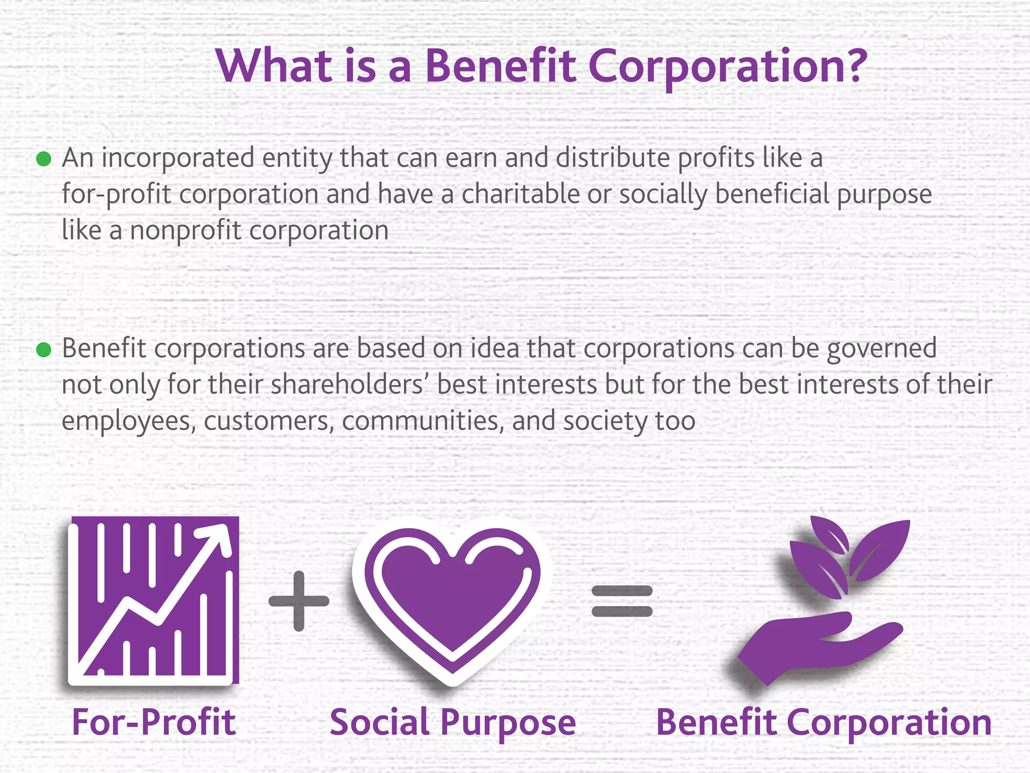 What is a Beneﬁt Corporation?
For-Proﬁt Social Purpose Beneﬁt Corporation
An incorporated entity that can earn and distribute proﬁts like a
for-proﬁt corporation and have a charitable or socially beneﬁcial purpose
like a nonproﬁt corporation
Beneﬁt corporations are based on idea that corporations can be governed
not only for their shareholders’ best interests but for the best interests of their
employees, customers, communities, and society too
 