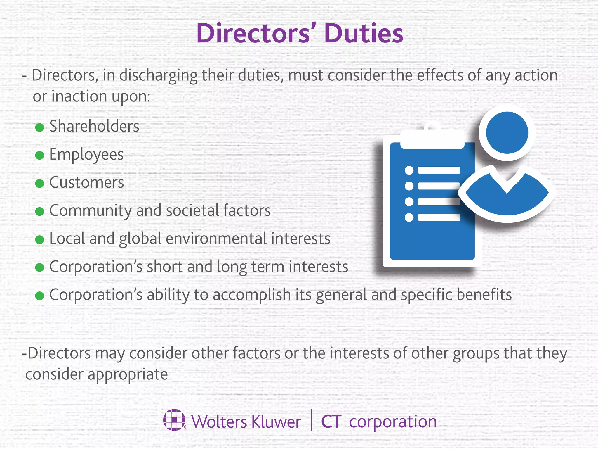 Directors’ Duties
- Directors, in discharging their duties, must consider the effects of any action
or inaction upon:
-Directors may consider other factors or the interests of other groups that they
consider appropriate
Shareholders
Employees
Customers
Community and societal factors
Local and global environmental interests
Corporation’s short and long term interests
Corporation’s ability to accomplish its general and speciﬁc beneﬁts
 
