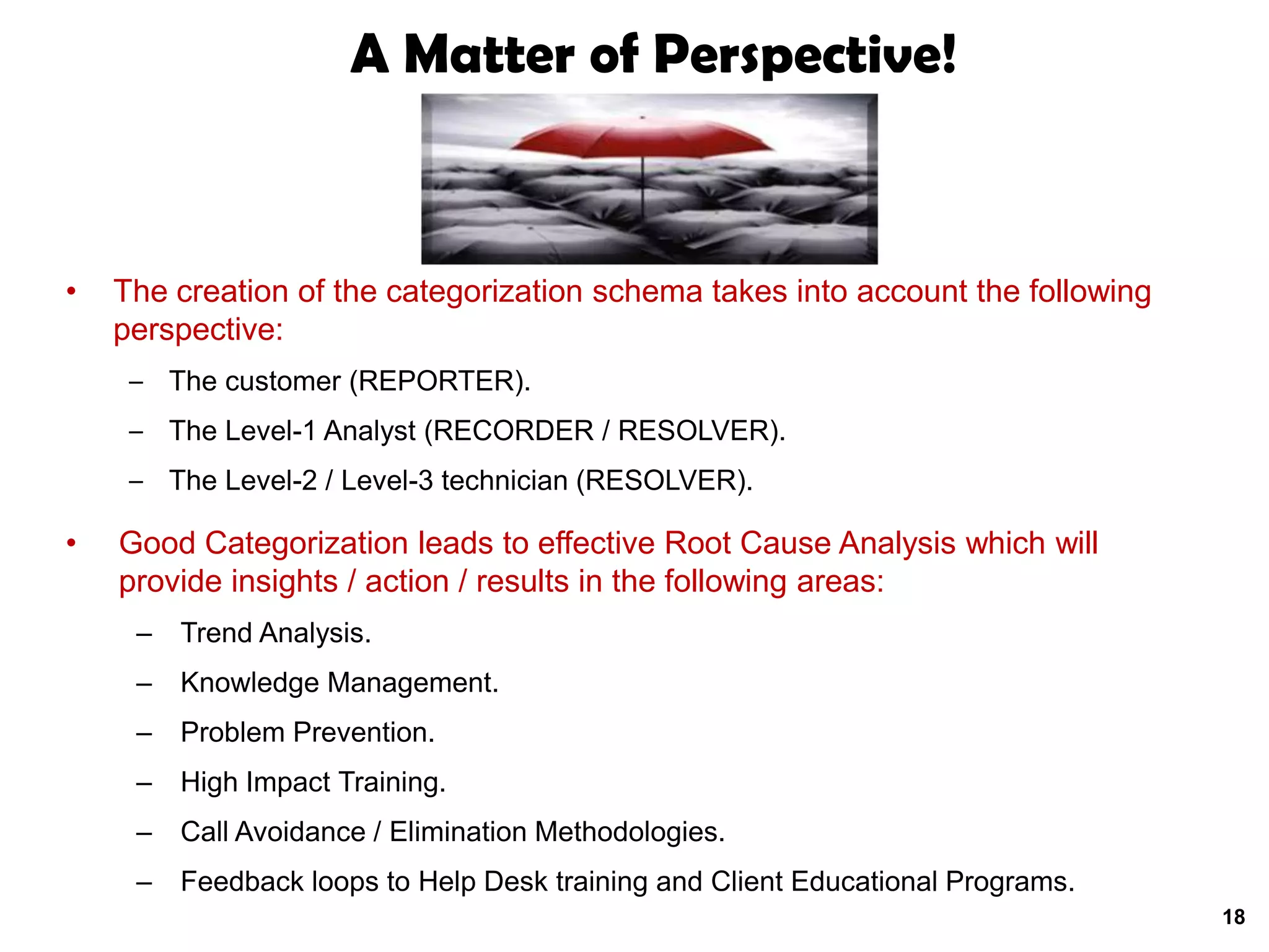 A Matter of Perspective!



•   The creation of the categorization schema takes into account the following
    perspective:
     – The customer (REPORTER).
     – The Level-1 Analyst (RECORDER / RESOLVER).
     – The Level-2 / Level-3 technician (RESOLVER).

•   Good Categorization leads to effective Root Cause Analysis which will
    provide insights / action / results in the following areas:
     –   Trend Analysis.
     –   Knowledge Management.
     –   Problem Prevention.
     –   High Impact Training.
     –   Call Avoidance / Elimination Methodologies.
     –   Feedback loops to Help Desk training and Client Educational Programs.
                                                                                 18
 