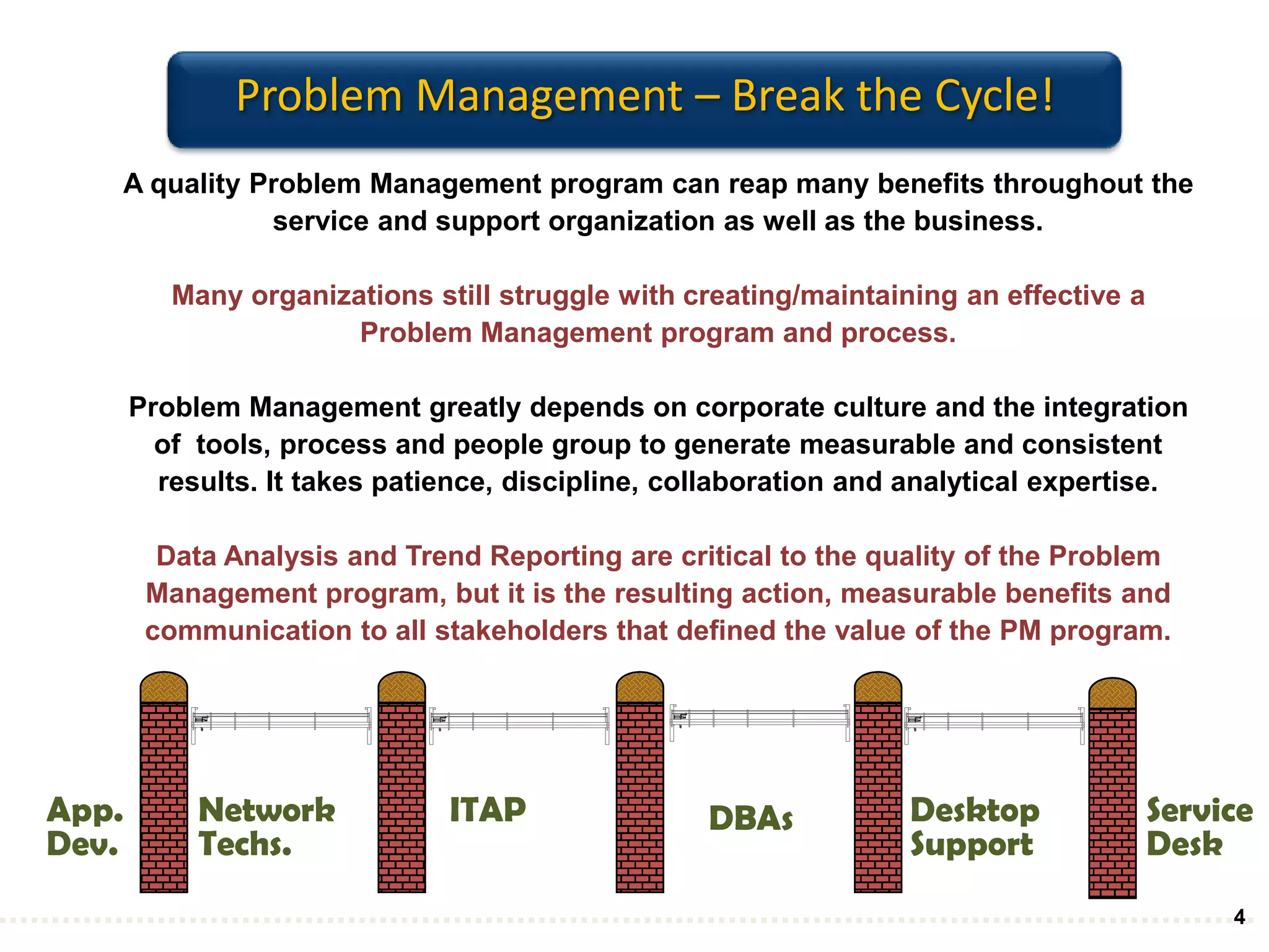 Problem Management – Break the Cycle!
   A quality Problem Management program can reap many benefits throughout the
              service and support organization as well as the business.

          Many organizations still struggle with creating/maintaining an effective a
                       Problem Management program and process.

       Problem Management greatly depends on corporate culture and the integration
         of tools, process and people group to generate measurable and consistent
         results. It takes patience, discipline, collaboration and analytical expertise.

         Data Analysis and Trend Reporting are critical to the quality of the Problem
        Management program, but it is the resulting action, measurable benefits and
        communication to all stakeholders that defined the value of the PM program.




App.        Network            ITAP                DBAs           Desktop              Service
Dev.        Techs.                                                Support              Desk
                                                                                            4
 