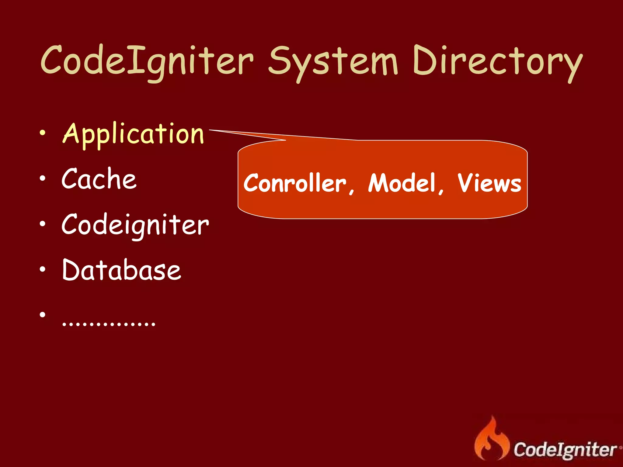 CodeIgniter System Directory Application Cache Codeigniter Database .............. Conroller, Model, Views 