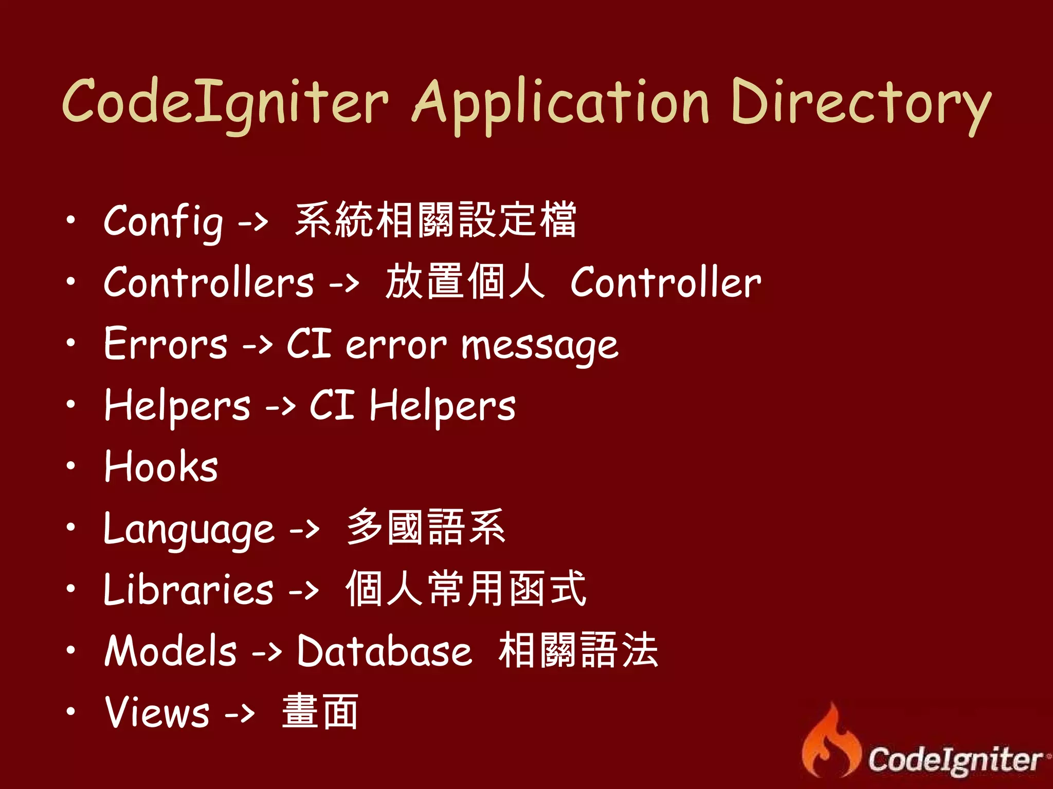 CodeIgniter Application Directory Config ->  系統相關設定檔 Controllers ->  放置個人  Controller Errors -> CI error message Helpers -> CI Helpers Hooks  Language ->  多國語系 Libraries ->  個人常用函式 Models -> Database  相關語法 Views ->  畫面 