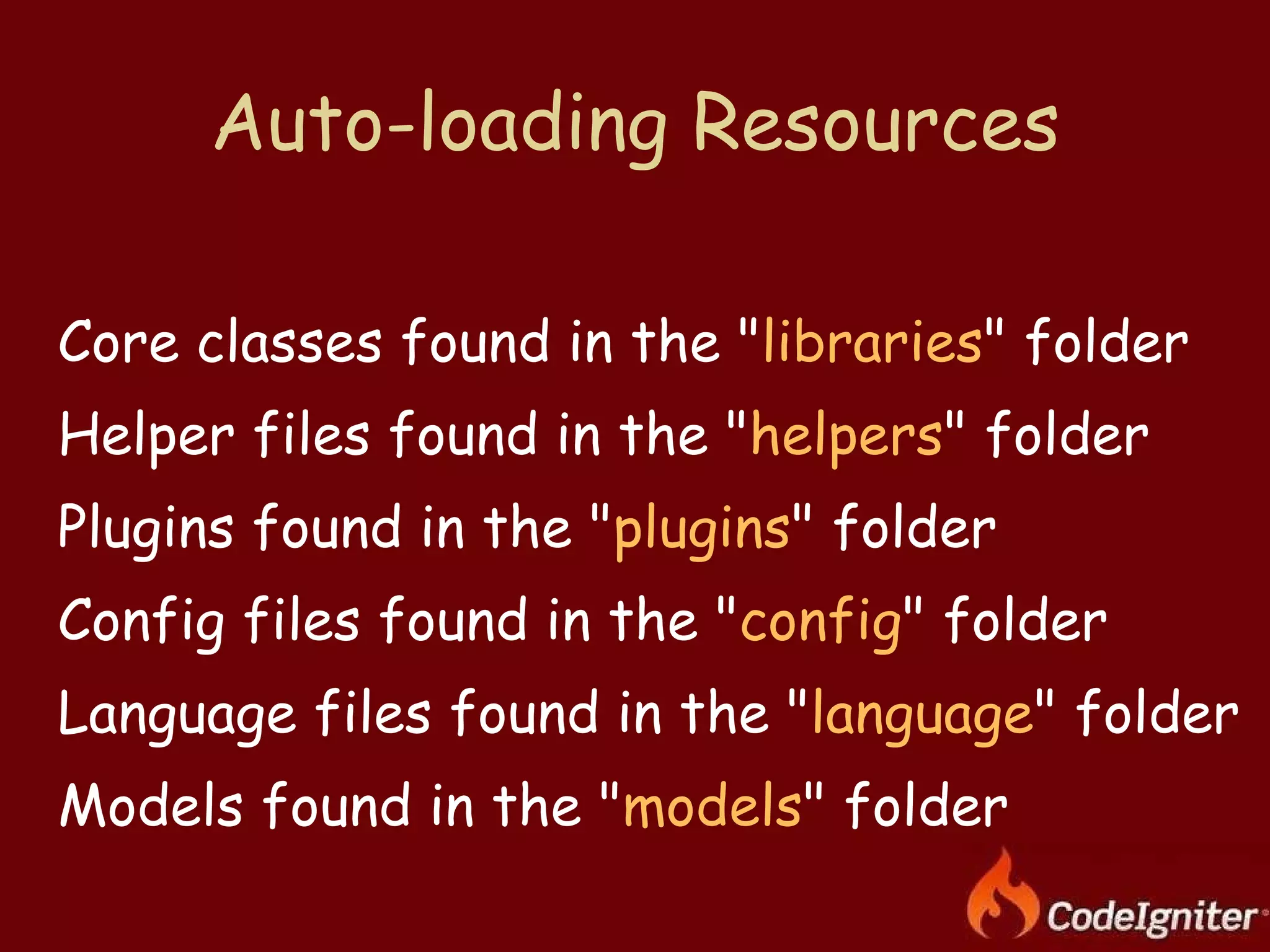 Auto-loading Resources Core classes found in the &quot; libraries &quot; folder  Helper files found in the &quot; helpers &quot; folder  Plugins found in the &quot; plugins &quot; folder  Config files found in the &quot; config &quot; folder  Language files found in the &quot; language &quot; folder  Models found in the &quot; models &quot; folder  