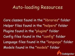 Auto-loading Resources Core classes found in the &quot; libraries &quot; folder  Helper files found in the &quot; helpers &quot; folder  Plugins found in the &quot; plugins &quot; folder  Config files found in the &quot; config &quot; folder  Language files found in the &quot; language &quot; folder  Models found in the &quot; models &quot; folder  