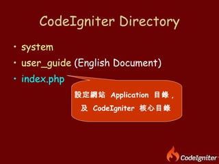 CodeIgniter Directory <ul><li>system </li></ul><ul><li>user_guide  (English Document) </li></ul><ul><li>index.php </li></u...
