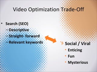 Video Optimization Trade-Off
• Search (SEO)
– Descriptive
– Straight- forward
– Relevant keywords

Social / Viral
• Enticing
• Fun
• Mysterious

 
