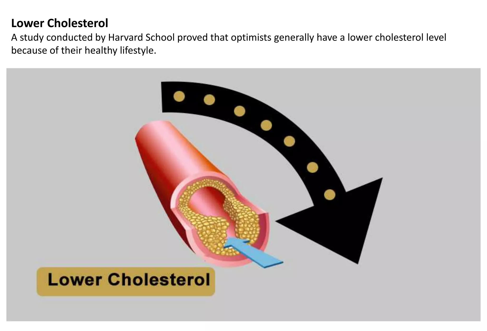Lower Cholesterol
A study conducted by Harvard School proved that optimists generally have a lower cholesterol level
because of their healthy lifestyle.