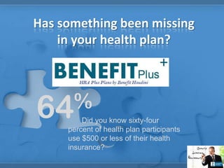 Has something been missing
    in your health plan?




64 %
         Did you know sixty-four
     percent of health plan participants
     use $500 or less of their health
     insurance?
 