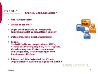 © exantis 8
Change. Ganz. Schwierig?
Not invented here!
what’s in for me ?
Logik der Hierarchie vs. Autonomie
(um Komplexität zu bewältigen können)
Unterschiedliche Geschwindigkeiten
Tabus:
hinderliche Bewertungssysteme, KPI’s,
hemmende Planungslogiken, Karrierepfade,
Verschiebung von Kosten, Headcount,
Leistungsdruck, Positionierungen vom
Abteilungen, Risiken
Rituale und Artefakte sind der Kit der
Organisation-> was bleibt eigentlich stabil ?
Sofort!
Nicht
Heute !
 