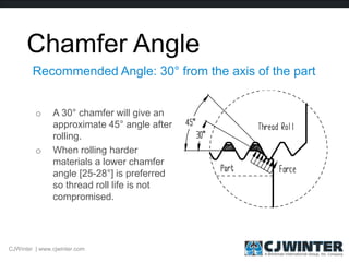 Chamfer Angle
o A 30° chamfer will give an
approximate 45° angle after
rolling.
o When rolling harder
materials a lower chamfer
angle [25-28°] is preferred
so thread roll life is not
compromised.
Recommended Angle: 30° from the axis of the part
CJWinter | www.cjwinter.com
 
