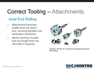 Correct Tooling – Attachments
o Attachment traverses
axially from tail stock /
end, working spindles into
workpiece centerline
o Allows forming of parts
that are longer than the
roll width if required.
Axial End Rolling
CJWinter 189,190, & 191 Series End Rolling Attachments
[ER Series]
CJWinter | www.cjwinter.com
 