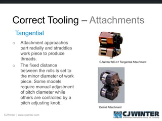 Correct Tooling – Attachments
o Attachment approaches
part radially and straddles
work piece to produce
threads.
o The fixed distance
between the rolls is set to
the minor diameter of work
piece. Some models
require manual adjustment
of pitch diameter while
others are controlled by a
pitch adjusting knob.
Tangential
CJWinter NC-41 Tangential Attachment
Detroit Attachment
CJWinter | www.cjwinter.com
 