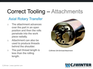 Correct Tooling – Attachments
o The attachment advances
over the part in an open
position and then the rolls
penetrate into the work
piece radially.
o Attachment can also be
used to produce threads
behind the shoulder.
o The part thread length is
less than the rolling
length.
Axial Rotary Transfer
CJWinter 234-SAAxial Attachment
CJWinter | www.cjwinter.com
 