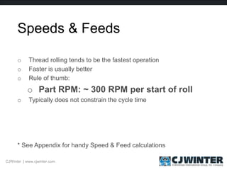 Speeds & Feeds
o Thread rolling tends to be the fastest operation
o Faster is usually better
o Rule of thumb:
o Part RPM: ~ 300 RPM per start of roll
o Typically does not constrain the cycle time
* See Appendix for handy Speed & Feed calculations
CJWinter | www.cjwinter.com
 